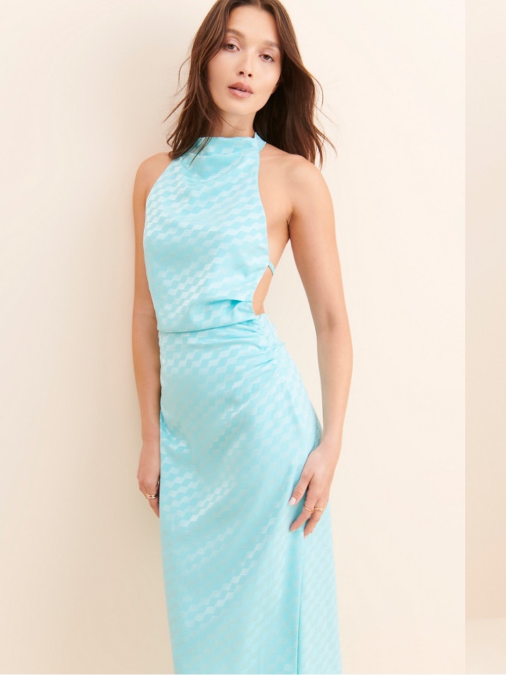 Hansen & Gratel Aqua Blue Halter Cutout Satin Maxi Dress